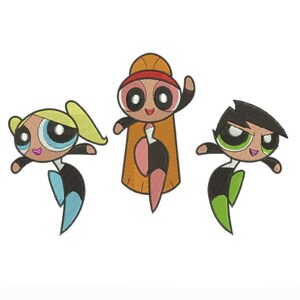Può includere: Immagine ricamata di tre personaggi dei cartoni animati con grandi occhi e tratti stilizzati. Un personaggio ha i capelli biondi, un altro ha i capelli arancioni e un mantello, e il terzo ha i capelli neri. Ogni personaggio indossa un abito nero e colorato.