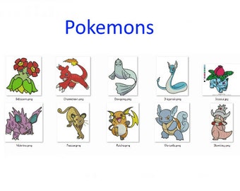 May include: A collection of ten Pokemon characters, including Bulbasaur, Charmeleon, Drowzee, Dragonair, Squirtle, Nidoking, Persian, Raichu, Vaporeon, and Slowbro. Each character is depicted in a colourful, embroidered style.