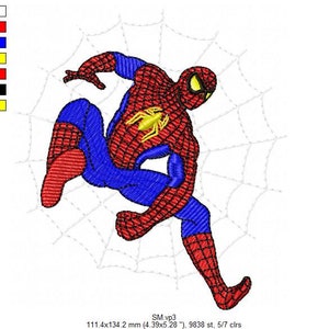 May include: Embroidered design of a red and blue Spiderman character swinging on a web. The design is 111.4 mm by 134.2 mm and has 9838 stitches in 7 colours.