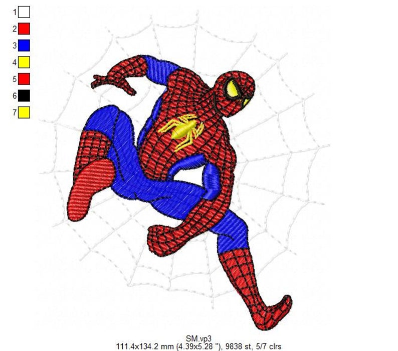 May include: Embroidered design of a red and blue Spiderman character swinging on a web. The design is 111.4 mm by 134.2 mm and has 9838 stitches in 7 colours.