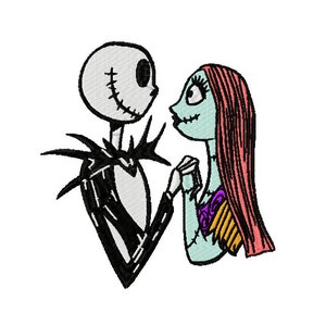 May include: Black and white cartoon illustration of Jack Skellington from The Nightmare Before Christmas holding hands with Sally, a rag doll with long red hair and a blue dress.