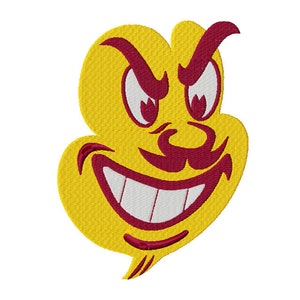 Op de afbeelding: Een geel cartoon gezicht met een rode snor en wenkbrauwen. Het gezicht glimlacht met een brede, tanden glimlach.