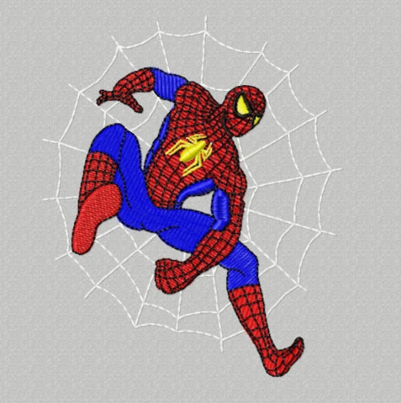 May include: A red and blue superhero, Spiderman, is swinging through the air in front of a white spider web. He is wearing a red and blue suit with a spider logo on his chest.