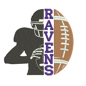May include: A silhouette of a football player holding a football, with the word "RAVENS" in purple letters on the right side of the image.