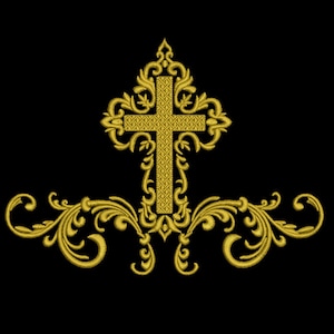 May include: A gold cross with ornate details is centered above a decorative scrollwork design. The cross and scrollwork are against a black background.