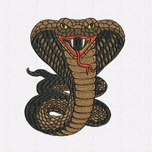 May include: A brown and black cobra with its hood raised, showing its fangs and a red tongue. The cobra is coiled in a defensive posture.