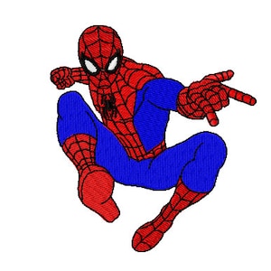 Könnte beinhalten: Ein roter und blauer Comic-Superheld mit einem Spinnenlogo auf der Brust in einer Web-Schwing-Pose.