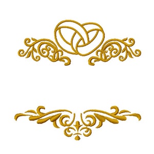 May include: Two gold rings intertwined with ornate floral designs on either side. The rings are centred above a similar floral design.