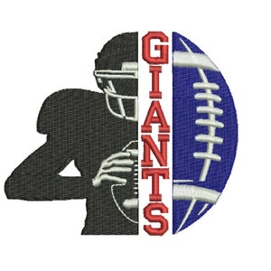 May include: A silhouette of a football player holding a football with the word "GIANTS" in red letters.