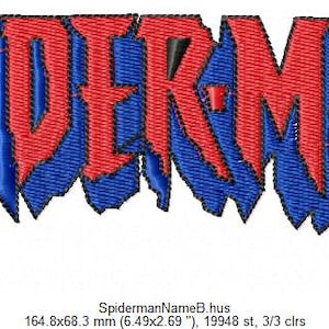 May include: A red and blue embroidered design of the word "SPIDERMAN" in a bold, jagged font.