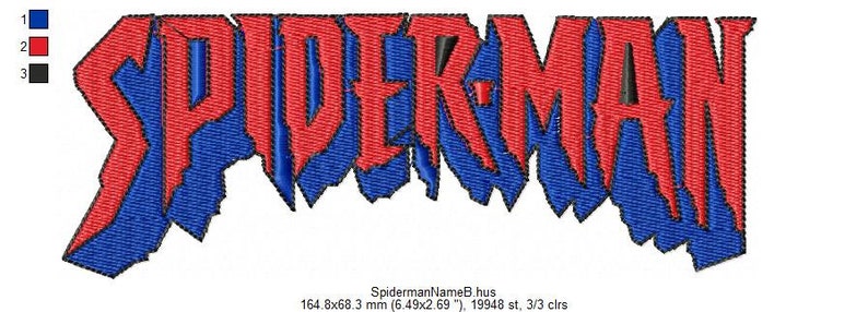 May include: A red and blue embroidered design of the word "SPIDERMAN" in a bold, jagged font.