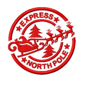 May include: Red circular stamp with the text "EXPRESS*NORTH POLE" and a depiction of Santa Claus in a sleigh pulled by reindeer.