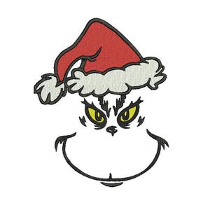 May include: Embroidered design of a green creature's face wearing a red Santa hat with white trim. The creature has yellow eyes, a black nose, and a large, curved smile. The design is likely for Christmas-themed crafts.