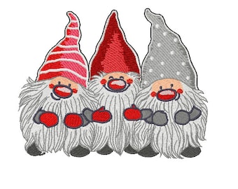 May include: Three gnomes with white beards and red hats are holding red ornaments. The gnome on the left has a pink and white striped hat, the middle gnome has a red hat, and the gnome on the right has a gray hat with white polka dots.
