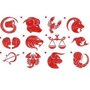 Znaki Zodiaku - Projekt do haftu maszynowego - Pakiet 12 projektów do haftu Zodiaku - 4 rozmiary każdy - Natychmiastowe pobranie