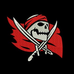 May include: Embroidered pirate skull with crossed swords, wearing a red bandana and cape, set against a black background. The skull is white, and the swords are silver. A classic pirate flag design.