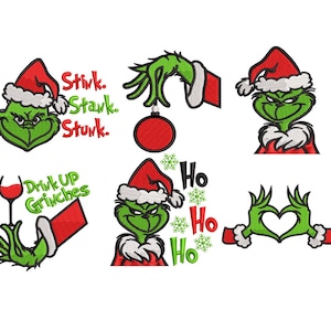 Könnte beinhalten: Eine Sammlung von gestickten Weihnachtsdesigns mit dem Grinch. Die Designs zeigen das Gesicht und die Hände des Grinch sowie Sätze wie "Stink, Stark, Stunk" und "Drink Up Grinches". Die Farbpalette umfasst Grün, Rot und Weiß.
