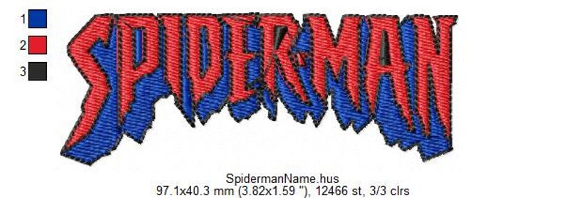 May include: A red and blue embroidered design of the word "SPIDERMAN" in a bold, stylized font. The design is 97.1 mm wide and 40.3 mm high, with 12466 stitches and 3 colors.