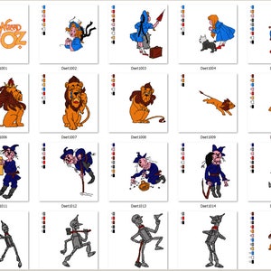 May include: A set of 15 embroidery designs featuring characters from the Wizard of Oz. The designs include Dorothy, the Scarecrow, the Tin Man, the Cowardly Lion, and the Wicked Witch of the West.