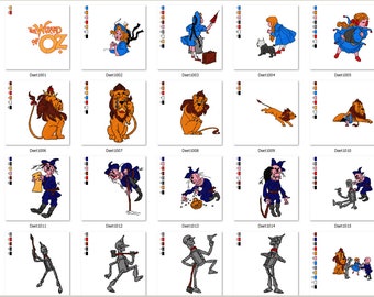 May include: A set of 15 embroidery designs featuring characters from the Wizard of Oz. The designs include Dorothy, the Scarecrow, the Tin Man, the Cowardly Lion, and the Wicked Witch of the West.