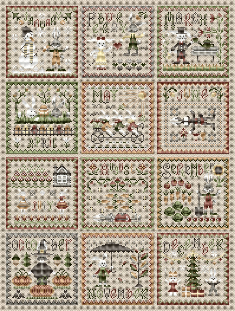 Cross Stitch Months Year Bunny Pattern PDF Primitive Modern Etsy