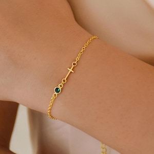 Cross Bracelet with Birthstone in 14k Gold Filled, Birthstone Bracelet, Dainty Cross Jewelry, Cross Bracelet Women, Christian Gifts for Her