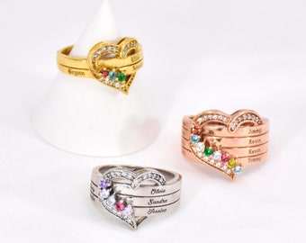 Bague coeur, bague de pierre de naissance, bague nom, bague de famille, bague personnalisée 1-8 noms, bijoux personnalisés, cadeau personnalisé, cadeau nouvelle maman