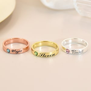Personalized Name Ring with Birthstone, Engraved Ring, Custom Birthstone Jewelry, Custom Stacking Ring, Mother&#39;s Day Gift,  Christmas Gifts