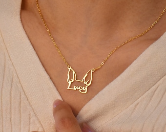 Dog Name Necklace, Pet Memorial Gift, Personalized Dog Ears Necklace, 14k Gold Name Necklace,Cat Necklace,Pet Memorial Necklace,Gift for Her