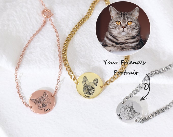Custom Pet Portrait Bracelet, Personalized Pet Gifts,Pet Engraving Bracelet,Pet Memorial Gift,Cat Dog Mom Gift,Pet Souvenir Jewelry,Pet Loss