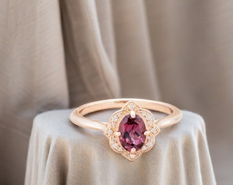 Bague en tourmaline rose, bague de mariage unique Art déco en tourmaline plaquée or 14 carats, bague d'anniversaire de promesse, cadeau pour elle