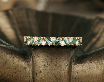 Moosachat Ring, Moosachat & Moissanite Ehering 14k vergoldet, Art-Deco-Silberring einzigartige Eheringe, Versprechen Jahrestagring, Geschenk für Sie