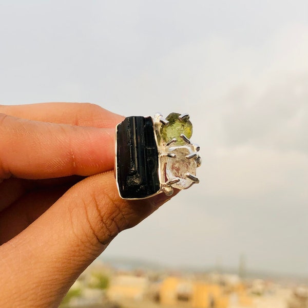 Natural Raw Moldavite, Herkimer Diamond & Black Tourmaline Gemstone Ring 925 Solid Sterling Silver Handmade Jewelry Ring Gift For Her