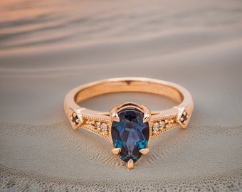 Pear Cut Alexandrite Engagement Ring, Alexandrite 14k gold Plated Art Deco unique wedding Ring, promise Anniversary ring, Gift For Her
