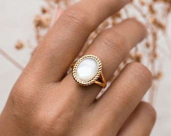 Vintage Mother of Pearl 14K Gold Plated Ring Handmade Jewelry Gift For Her Women's Ring