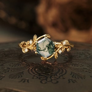 Moss Agate Ring, Moss Agate & Moissanite 14k gold Plated Art Deco unique wedding Ring, promise Anniversary ring, Gift For Her