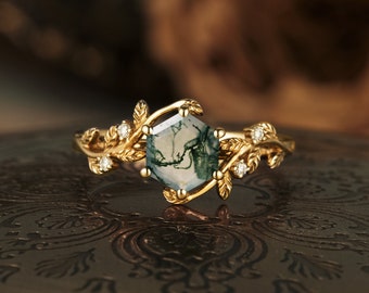 Anillo de ágata de musgo, ágata de musgo y moissanita 14k chapado en oro Art Déco anillo de boda único, anillo de aniversario de promesa, regalo para ella