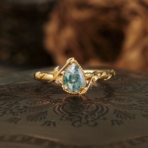 Moss Agate Ring, Pear Shaped 14K Gold Plated Engagement Ring, Moss Agate Leaf Ring, Wedding Ring Gift For Her