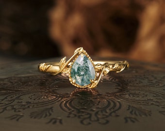 Moss Agate Ring, Pear Shaped 14K Gold Plated Engagement Ring, Moss Agate Leaf Ring, Wedding Ring Gift For Her