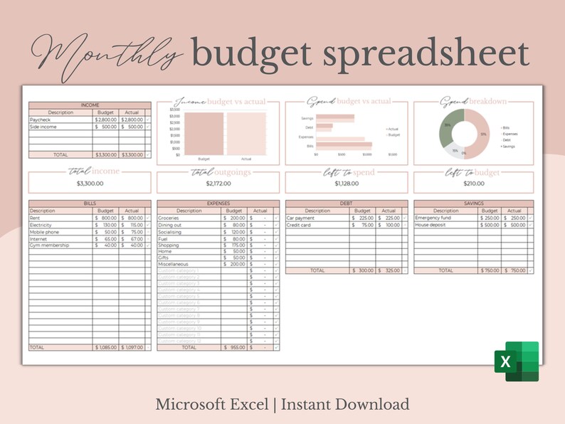 Monthly Budget Spreadsheet Excel Template, Budget Planner, Financial
