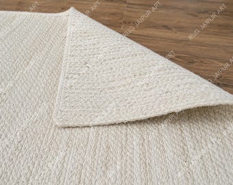 Handgjord vit jutematta, flätad neutral vardagsrumsmatta, slitstark naturvävd, stor matta, benvit och krämfärgad matta