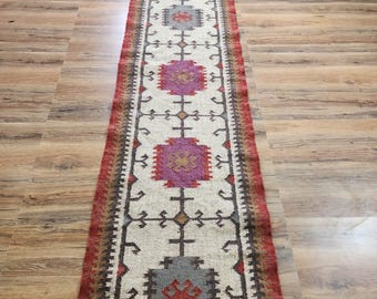 Kilim Runner, Bohemian Handwoven Rug, Traditional Turkish Kilim, Wool Jute Hallway Runner, Vintage Decor