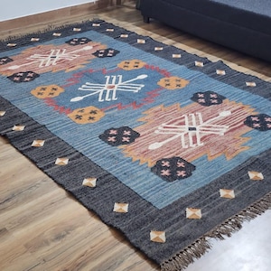 Handmade Large Kilim Rug, Handwoven, Wool and Jute Rug Handmade, Kilim Dhurrie Rug, Motifs, Geometric,Turkish,Oriental, Traditional Indian,
