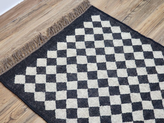 checkered Turkish Kilim Rug, Vintage Kilim Runner, Handmade Rug, Jute Rug, Flatweave Rug, Traditional Floor Rug
