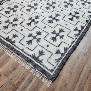 6x9,9x12 Handmade Flat Leaf Black/Beige Rug Kilim Dhurrie Carpet Home Living Decorative Natural Jute Flower Cotton Hemp Rug Large  Area