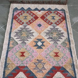 Multi Color Kilim Wool jute Runner Rug , Aztec Rug, Accent Rug, Traditional Kilim rug, Living Room, Kachin, bedroom, 100% Natural Rug