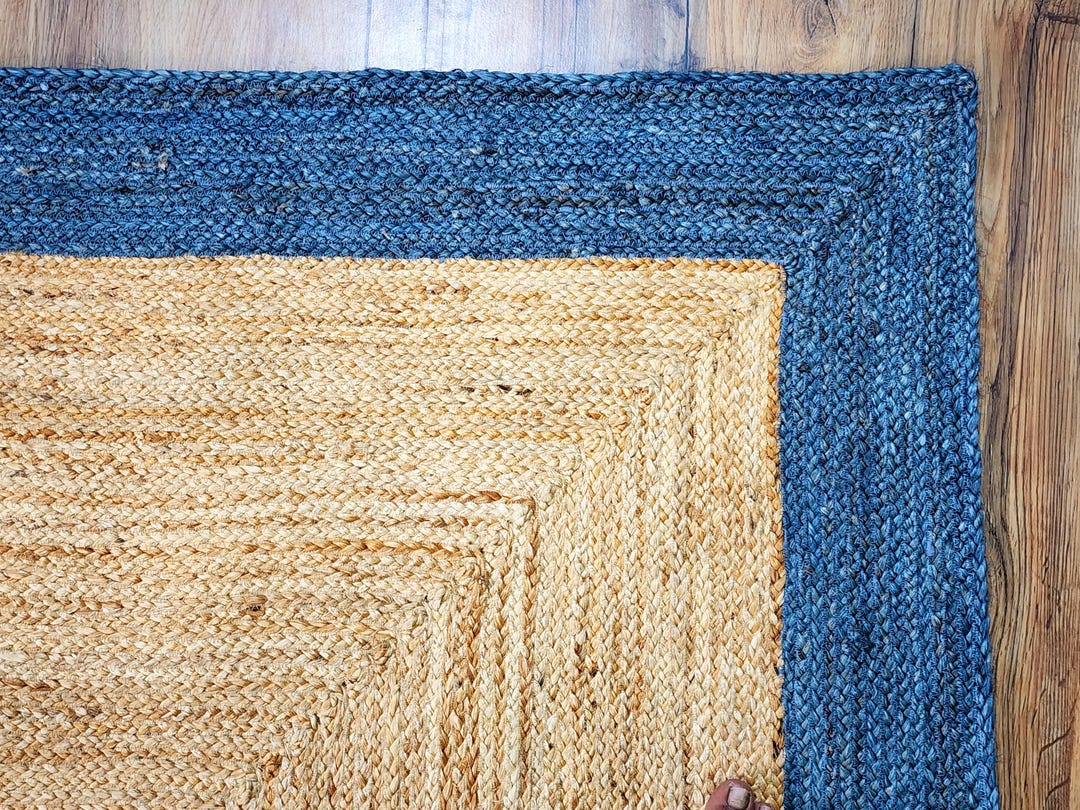 Hand Braided Jute Rug: Indigo Blue Border, Eco-friendly Boho Decor - Etsy