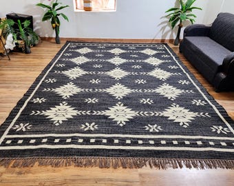 Traditional and Vintage wool jute kilim rug for living room Area rug, Black and white rug for bedroom kilim runner carpet Handmade rug