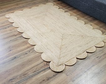 Scalloped Jute Area Rug, Hand-Braided Boho Decor, Natural Fiber Custom Size