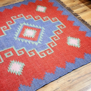 Large Navajo Kilim Rug ,Blue and Red Handmade Kilim Rug , Moroccan rug,  Flat weave Area Rug for Living room, bedroom, Wool Jute  Decor Rug